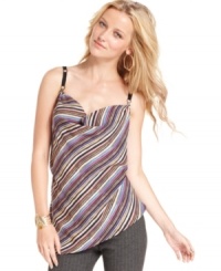A draped cowl neckline adds feminine flair to this RACHEL Rachel Roy striped tank -- perfect for a flirty look! A draped cowl neckline adds feminine flair to this RACHEL Rachel Roy striped tank -- perfect for a flirty look!