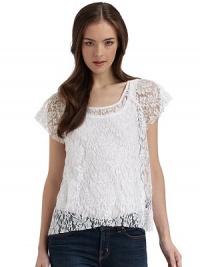 THE LOOKOpen weave lace designRound necklineShort sleeves with unfinished cuffsUnfinished hemTHE FITAbout 23 from shoulder to hemTHE MATERIALCotton/nylonCARE & ORIGINMachine washMade in USAModel shown is 5'9 (175cm) wearing US size Small. THE LOOKOpen weave lace designRound necklineShort sleeves with unfinished cuffsUnfinished hemTHE FITAbout 23 from shoulder to hemTHE MATERIALCotton/nylonCARE & ORIGINMachine washMade in USAModel shown is 5'9 (175cm) wearing US size Small.