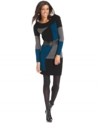 AGB's colorblocked sweater dress is a cinch with tights and your favorite booties. A removable belt easily accessorizes the look! AGB's colorblocked sweater dress is a cinch with tights and your favorite booties. A removable belt easily accessorizes the look!