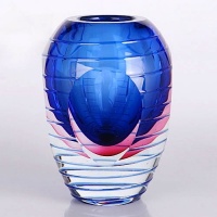 Hand Blown Blue & Pink Sommerso Oval Art Glass Vase with Polished Stripes 5.5 tall Hand Blown Blue & Pink Sommerso Oval Art Glass Vase with Polished Stripes 5.5 tall