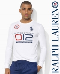 Adorned with bold country embroidery to celebrate Team USA's participation in the 2012 Olympics, a long-sleeved crewneck T-shirt is crafted in a trim, modern fit from breathable cotton jersey. Adorned with bold country embroidery to celebrate Team USA's participation in the 2012 Olympics, a long-sleeved crewneck T-shirt is crafted in a trim, modern fit from breathable cotton jersey.