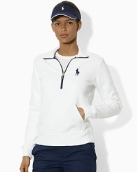A half-zip fleece pullover is crafted with contrasting trim and and an ultra-soft brushed interior for both style and comfort. A half-zip fleece pullover is crafted with contrasting trim and and an ultra-soft brushed interior for both style and comfort.