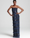 Sequins, satin and chiffon make a stunning presentation on BCBGMAXAZRIA's mixed media gown.