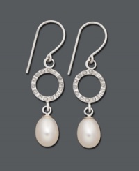 Circular and chic. These polished drops feature cut-out circles that sparkle with the addition of round-cut diamonds (1/10 ct. t.w.). Cultured freshwater pearls (6 mm) create an overall look of grace and beauty. Crafted in 14k white gold. Approximate drop: 1 inch.