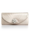 Pristine pearls adorn this elegant satin-wrapped evening bag by Jessica McClintock that discretely conceals a slim shoulder strap. Sized for only the essentials, it's perfect to flaunt at your fancy soirees.