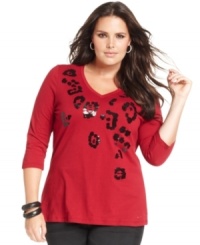 Answer the call of the wild with Seven7 Jeans' plus size top, featuring a sequined animal pattern. Answer the call of the wild with Seven7 Jeans' plus size top, featuring a sequined animal pattern.