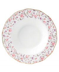 Scattered with dainty blooms, the Rose Confetti rim soup bowl restores the grace and charm of another era in fine bone china from Royal Albert. A scalloped edge with gold banding and a traditionally feminine palette add to its romantic sensibility. Scattered with dainty blooms, the Rose Confetti rim soup bowl restores the grace and charm of another era in fine bone china from Royal Albert. A scalloped edge with gold banding and a traditionally feminine palette add to its romantic sensibility.