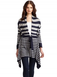 THE LOOKAllover stripe printLong sleeves with riibbed knit cuffsDraped front fabric converts to wrap styleTies at back waistTHE FITAbout 32 from shoulder to longest pointTHE MATERIAL85% silk/15% cashmereFully linedCARE & ORIGINDry cleanImportedModel shown is 5'10 (177cm) wearing US size XS/S. THE LOOKAllover stripe printLong sleeves with riibbed knit cuffsDraped front fabric converts to wrap styleTies at back waistTHE FITAbout 32 from shoulder to longest pointTHE MATERIAL85% silk/15% cashmereFully linedCARE & ORIGINDry cleanImportedModel shown is 5'10 (177cm) wearing US size XS/S.