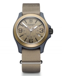 Go against the grain with this ultra-durable watch by Victorinox Swiss Army. Sand-colored nylon strap and round blue nylon fiber case with anti-reflective mineral crystal and aluminum bezel. Sand-colored dial features numerals at three, six and nine o'clock, stick indices, date window, military time, three hands and logo. Swiss quartz movement. Water resistant to 100 meters. Three-year limited warranty. Go against the grain with this ultra-durable watch by Victorinox Swiss Army. Sand-colored nylon strap and round blue nylon fiber case with anti-reflective mineral crystal and aluminum bezel. Sand-colored dial features numerals at three, six and nine o'clock, stick indices, date window, military time, three hands and logo. Swiss quartz movement. Water resistant to 100 meters. Three-year limited warranty.