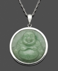 Add a little religious-inspiration to your look in this beautifully-crafted Buddha pendant. Made from solid jade (25 mm), this circular style shines against a polished sterling silver setting and chain. Approximate length: 18 inches. Approximate drop: 1-1/4 inches.