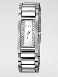 Sleek lines and pared-down details give this brushed stainless steel watch with Swarovski crystals an Art Deco elegance.Quartz movementWater resistant to 3 ATMStainless steel rectangular case, 20mm wide (.79)Smooth bezelSilver sunray dial with clear crystalsStainless steel bar hour markersSecond handBrushed and polished link braceletImported Sleek lines and pared-down details give this brushed stainless steel watch with Swarovski crystals an Art Deco elegance.Quartz movementWater resistant to 3 ATMStainless steel rectangular case, 20mm wide (.79)Smooth bezelSilver sunray dial with clear crystalsStainless steel bar hour markersSecond handBrushed and polished link braceletImported