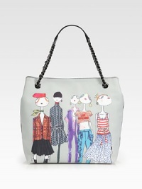 A colorful and whimsical print on luxurious satin with a chic chain strap.Double laced chain top handles, 8 dropMagnetic snap closureOne inside zip pocketTwo inside open pocketsVinyl trimSatin lining12½W X 12H X 5DImported A colorful and whimsical print on luxurious satin with a chic chain strap.Double laced chain top handles, 8 dropMagnetic snap closureOne inside zip pocketTwo inside open pocketsVinyl trimSatin lining12½W X 12H X 5DImported