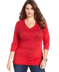 Punch up your casual style with Seven7 Jeans' long sleeve plus size top, featuring a studded front. Punch up your casual style with Seven7 Jeans' long sleeve plus size top, featuring a studded front.