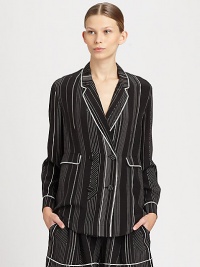 Pinstripes and a menswear-inspired fit recast the double-breasted jacket as a trend-smart silk pajama top. Notched lapelsButton frontLong sleevesFront flap pocketsAbout 26 from shoulder to hemSilkDry cleanImportedSIZE & FITModel shown is 5'10 (177cm) wearing US size 4. Pinstripes and a menswear-inspired fit recast the double-breasted jacket as a trend-smart silk pajama top. Notched lapelsButton frontLong sleevesFront flap pocketsAbout 26 from shoulder to hemSilkDry cleanImportedSIZE & FITModel shown is 5'10 (177cm) wearing US size 4.