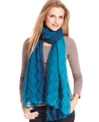Breezy, light and billowy, this Collection XIIX wrap will satisfy your passion for the sea. With delicate fish scale pattern and bold oceanic hue, it's the perfect summer accessory. Breezy, light and billowy, this Collection XIIX wrap will satisfy your passion for the sea. With delicate fish scale pattern and bold oceanic hue, it's the perfect summer accessory.