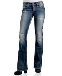 Gritty rips and intense fading lend perfectly worn-in style to Silver Jeans' Pioneer bootcut denim. Gritty rips and intense fading lend perfectly worn-in style to Silver Jeans' Pioneer bootcut denim.