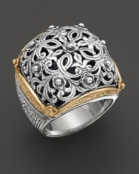 Bold flourished of 18K yellow gold enrich this ornate sterling silver ring from Konstantino. Bold flourished of 18K yellow gold enrich this ornate sterling silver ring from Konstantino.