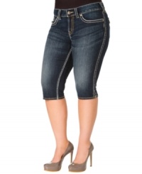 Stay cool in hot temps with Silver Jeans' plus size capri jeans, finished by a dark wash. Stay cool in hot temps with Silver Jeans' plus size capri jeans, finished by a dark wash.