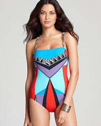 An unforgettable, graphic print makes this exotically appealing Gottex swimsuit the perfect style statement for your next memorable getaway. An unforgettable, graphic print makes this exotically appealing Gottex swimsuit the perfect style statement for your next memorable getaway.