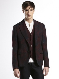 Sketch-printed flannel dandy jacket with flower jacquard lining and velvet detail under the collar.Single chest, front flap pocketsDouble back ventAbout 27.5 longWoolDry cleanMade in Italy Sketch-printed flannel dandy jacket with flower jacquard lining and velvet detail under the collar.Single chest, front flap pocketsDouble back ventAbout 27.5 longWoolDry cleanMade in Italy