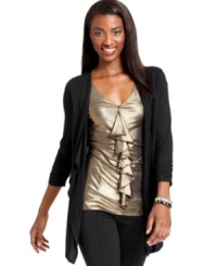 Layers are made easy with Style&co.'s one-piece top featuring a ruffled inset with an attached relaxed cardigan. Layers are made easy with Style&co.'s one-piece top featuring a ruffled inset with an attached relaxed cardigan.