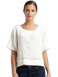 THE LOOKTonal june bug appliquéBanded waist with cutout detailsTHE FITAbout 20 from shoulder to hemTHE MATERIALSilkCARE & ORIGINDry cleanImportedModel shown is 5'9 (175cm) wearing US size Small. THE LOOKTonal june bug appliquéBanded waist with cutout detailsTHE FITAbout 20 from shoulder to hemTHE MATERIALSilkCARE & ORIGINDry cleanImportedModel shown is 5'9 (175cm) wearing US size Small.