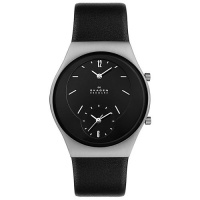 Skagen Midsize 733XLSLB Steel Collection Dual Time Black Leather Watch Skagen Midsize 733XLSLB Steel Collection Dual Time Black Leather Watch