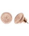 The bold standard. Crafted from rose gold ion-plated steel, this pair of concave stud earrings from Michael Kors simply dazzles with glass pave accents. Approximate diameter: 1/2 inch.