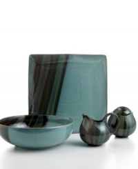 Reactive glaze intensifies blue-green and clay-colored streaks on hard-wearing stoneware for serveware that's dramatic yet down to earth. In simple round and square forms for a set with both modern and classic appeal.