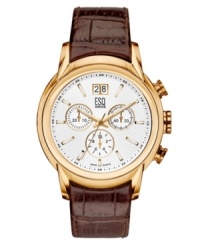 Brown and gold pair perfectly on this handsome chronograph watch by ESQ by Movado. Brown croc-embossed leather strap and 18k rose-gold-plated stainless steel case and bezel. Silvertone textured chronograph dial with three subdials, date window and goldtone accents. Swiss quartz movement. Water resistant to 30 meters. Two-year limited warranty. Brown and gold pair perfectly on this handsome chronograph watch by ESQ by Movado. Brown croc-embossed leather strap and 18k rose-gold-plated stainless steel case and bezel. Silvertone textured chronograph dial with three subdials, date window and goldtone accents. Swiss quartz movement. Water resistant to 30 meters. Two-year limited warranty.
