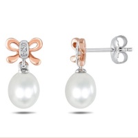 Sterling Silver and Rose Gold Plated Freshwater Cultured Pearl and Diamond Earrings Sterling Silver and Rose Gold Plated Freshwater Cultured Pearl and Diamond Earrings