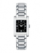 Subtle sophistication - a darling watch from ESQ by Movado. Stainless steel bracelet and rectangular case, 21mm. Black dial features 4 diamond accent markers at three, six, nine and twelve o'clock, two silver-tone hands and logo. Swiss quartz movement. Water resistant to 30 meters. Two-year limited warranty.