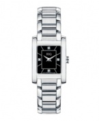 Subtle sophistication - a darling watch from ESQ by Movado. Stainless steel bracelet and rectangular case, 21mm. Black dial features 4 diamond accent markers at three, six, nine and twelve o'clock, two silver-tone hands and logo. Swiss quartz movement. Water resistant to 30 meters. Two-year limited warranty.