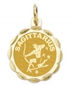 Tell everyone your sign in style! This scalloped and polished disc charm features the Sagittarius Zodiac in 14k gold. Chain not included. Approximate length: 9/10 inch. Approximate width: 3/5 inch.