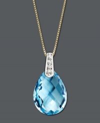 Add a pop of bright blue color. This beautiful pendant features pear-cut blue topaz (6-1/5 ct. t.w.) with sparkling diamond accents at the bail. Crafted in 14k gold. Approximate length: 18 inches. Approximate drop: 3/4 inch. Add a pop of bright blue color. This beautiful pendant features pear-cut blue topaz (6-1/5 ct. t.w.) with sparkling diamond accents at the bail. Crafted in 14k gold. Approximate length: 18 inches. Approximate drop: 3/4 inch.