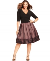 SL Fashions' plus size dress is party-ready with ruching, a full pleated skirt and pretty applique detail at the hem. SL Fashions' plus size dress is party-ready with ruching, a full pleated skirt and pretty applique detail at the hem.