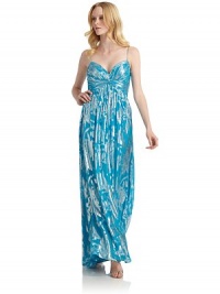 THE LOOKAllover metallic floral printRuched padded bustEmpire waistBack zip with hook-and-eye closureTHE FITAbout 56 from shoulder to hemTHE MATERIALSilkFully linedCARE & ORIGINSpot cleanImportedModel shown is 5'10 (177cm) wearing US size 4. THE LOOKAllover metallic floral printRuched padded bustEmpire waistBack zip with hook-and-eye closureTHE FITAbout 56 from shoulder to hemTHE MATERIALSilkFully linedCARE & ORIGINSpot cleanImportedModel shown is 5'10 (177cm) wearing US size 4.