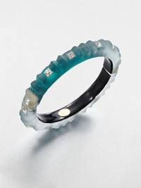 From the Lucite Teatro Modern Collection. A slender bangle of hand-sculpted, hand-painted Lucite has an intiguing ribbed textured, studded with faceted square Swarovski crystals.CrystalLuciteDiameter, about 2½Width, about ¼Hinged, with magnetic closureMade in USA From the Lucite Teatro Modern Collection. A slender bangle of hand-sculpted, hand-painted Lucite has an intiguing ribbed textured, studded with faceted square Swarovski crystals.CrystalLuciteDiameter, about 2½Width, about ¼Hinged, with magnetic closureMade in USA