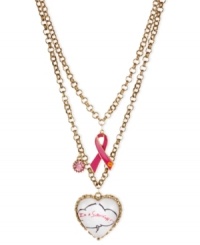 Support a worthy cause in style. This two-row necklace from Betsey Johnson is crafted from gold-tone mixed metal and features different accents symbolizing the cause. Approximate length: 16 inches + 3-inch extender. Approximate drop: 4 inches. Support a worthy cause in style. This two-row necklace from Betsey Johnson is crafted from gold-tone mixed metal and features different accents symbolizing the cause. Approximate length: 16 inches + 3-inch extender. Approximate drop: 4 inches.