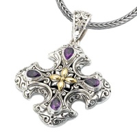 925 Silver & Amethyst Celtic Cross Pendant with 18k Gold Accents 925 Silver & Amethyst Celtic Cross Pendant with 18k Gold Accents