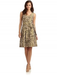 THE LOOKMetallic leopard printV-necklineSleevelessBust dartsEmpire waistRemovable sash ties at waistPleated skirtBack zipper with hook-and-eye closureTHE FITAbout 37 from shoulder to hemTHE MATERIALPolyesterCARE & ORIGINDry cleanImportedModel shown is 5'9½ (176cm) wearing US size 4. THE LOOKMetallic leopard printV-necklineSleevelessBust dartsEmpire waistRemovable sash ties at waistPleated skirtBack zipper with hook-and-eye closureTHE FITAbout 37 from shoulder to hemTHE MATERIALPolyesterCARE & ORIGINDry cleanImportedModel shown is 5'9½ (176cm) wearing US size 4.
