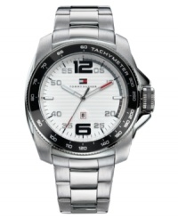 The details make the man. This Tommy Hilfiger sport watch boasts a classic steel design with red and white accents at the dial. The details make the man. This Tommy Hilfiger sport watch boasts a classic steel design with red and white accents at the dial.