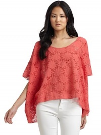 THE LOOKFloral eyeletWide silhouetteRound necklineShort dolman sleeves Asymmetrical hem THE FITAbout 24 from shoulder to hemTHE MATERIAL50% cotton/50% viscoseCARE & ORIGINDry cleanImportedModel shown is 5'10 (177cm) wearing US size Small. THE LOOKFloral eyeletWide silhouetteRound necklineShort dolman sleeves Asymmetrical hem THE FITAbout 24 from shoulder to hemTHE MATERIAL50% cotton/50% viscoseCARE & ORIGINDry cleanImportedModel shown is 5'10 (177cm) wearing US size Small.