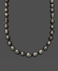 Decorate your neckline with a strand of Tahitian elegance. Belle de Mer's elegant pearl necklace features exotic, cultured, Tahitian black pearls (10-12 mm). Set in 14k white gold. Approximate length: 18 inches. Decorate your neckline with a strand of Tahitian elegance. Belle de Mer's elegant pearl necklace features exotic, cultured, Tahitian black pearls (10-12 mm). Set in 14k white gold. Approximate length: 18 inches.
