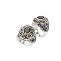 925 Silver & Smoky Quartz Oval Scroll Ring with 18k Gold Accents- Sizes 6-8