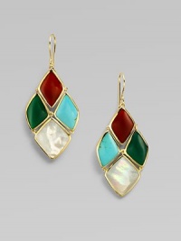 From the Polished Rock Candy® Collection. An exquisite blend of dyed red agate, gold green agate, mother-of-pearl and turquoise in a 18k gold cascade shape. Dyed red agate, gold green agate, mother-of-pearl and turquoise18k goldLength, about 2Hook backImported 