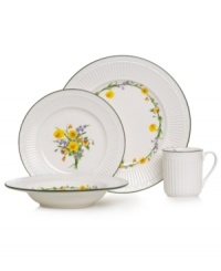 Mikasa refreshes a classic with country blooms in the Italian Meadow place setting. Do-it-all stoneware is embossed and banded for an elegant look that also complements neoclassical Italian Countryside dinnerware. Mikasa refreshes a classic with country blooms in the Italian Meadow place setting. Do-it-all stoneware is embossed and banded for an elegant look that also complements neoclassical Italian Countryside dinnerware.