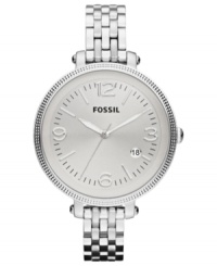 An oversized dial is placed on a slim bracelet on this Heather collection watch from Fossil. An oversized dial is placed on a slim bracelet on this Heather collection watch from Fossil.