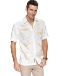 Take your wardrobe on an instant vacation with this printed and embroidered shirt from Cubavera. Take your wardrobe on an instant vacation with this printed and embroidered shirt from Cubavera.