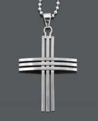 Show off symbolic style. This unique men's pendant features a three row cross on a matching bead chain. Crafted in stainless steel. Approximate length: 24 inches. Approximate drop width: 1-1/2 inches. Approximate drop length: 2 inches.